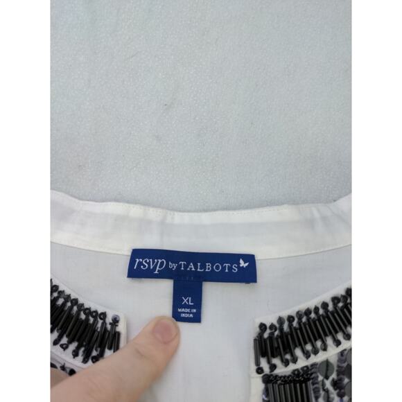 Womens RSVP By Talbots Beaded V Neck Long Sleeve Shirt Size XL White & Brown - Picture 9 of 12